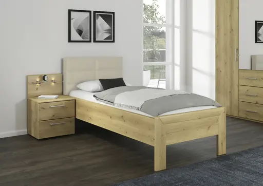 Bett - Liegefläche ca. 100x200 cm, mit Polsterkopfteil Champagner, Stollenfuß Asteiche Massiv