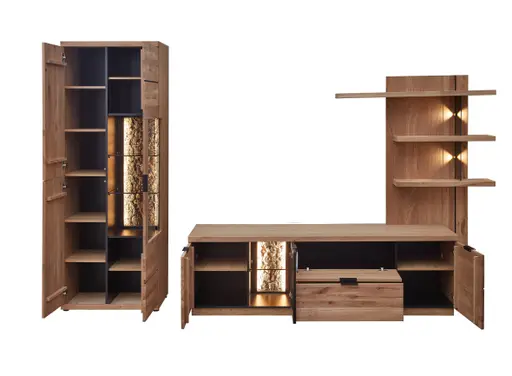 Wohnwand - mit Beleuchtung, Wildeiche teilmassiv