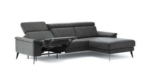 Ecksofa Anna - 2,5-Sitzer mit Longchair rechts inkl. Relaxfunktion (motorisch), Kopfteil verstellbar, Stoff, Stahl