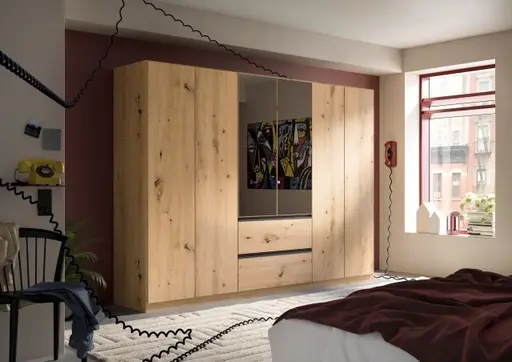 Drehtürenschrank RASA- B ca. 181 cm, Eiche Dekor, Spiegel