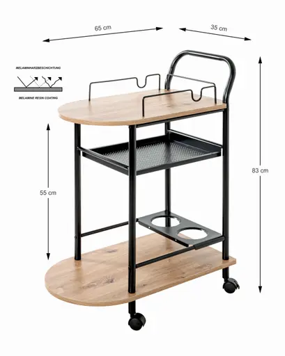 Servierwagen - B/H/T ca. 65x83x35 cm, Eiche Nachbildung, Schwarz
