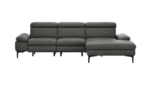 Ecksofa Felipa - 2,5-Sitzer mit Longchair rechts inkl. Armlehne verstellbar und Rückenlehne/Sitztiefe verstellbar (motorisch), Leder, Grau