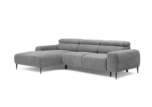 Ecksofa - Longchair links mit 2-Sitzer, Sitzvorzug motorisch, Kopfteil verstellbar, Stoff, Grau