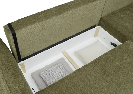 Ecksofa - Longchair links mit 2-Sitzer, Schlaffunktion mit Bettkasten, Stoff, Moosgrün