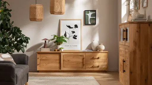 Highboard Oreia - mit LED-Beleuchtung, Wildeiche massiv, natur geölt