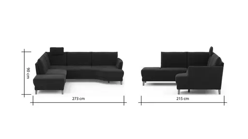 Sofa Stamford - inkl. Armlehne verstellbar und Kopfstütze, Ecksofa 2-sitzig und Abschlusshocker links mit 3,5-Sitzer, Bogen rechts, Stoff, Dunkelblau
