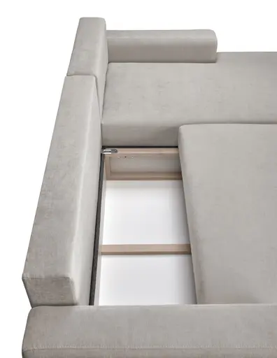 Ecksofa - 2-Sitzer mit Longchair rechts, Schlaffunktion mit Bettkasten, Stoff, Sand