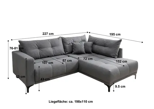 Ecksofa - 2-Sitzer mit Longchair rechts, Stoff, Anthrazit