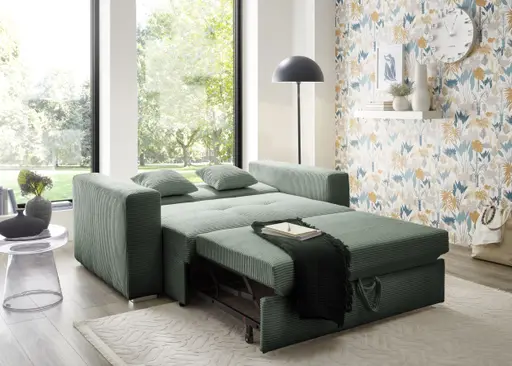 Sofa JORDEN 2 - 2-Sitzer inkl. Schlaffunktion mit Bettkasten, Cord, Grün