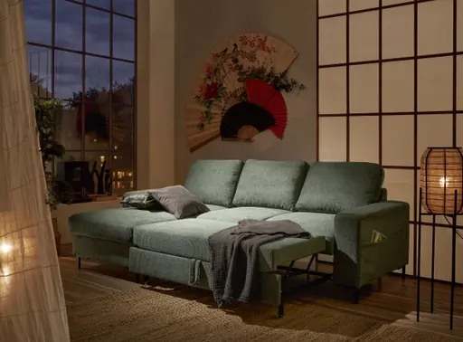 Ecksofa - Longchair links mit 2-Sitzer, Stoff, Dunkelgrün