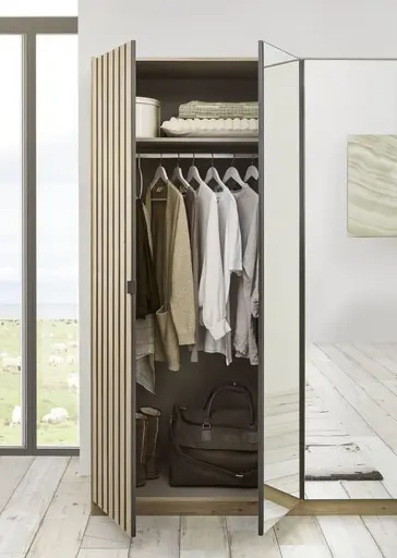Drehtürenschrank RUERTO- B ca. 181 cm, Eiche Dekor, Dunkelgrau, Paneel, Eiche Dekor, Spiegel