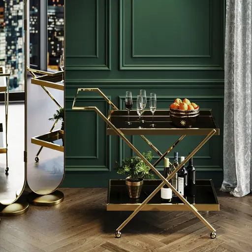 Servierwagen- Edelstahl, Vermessingt, Goldfarben, Glas, Schwarz