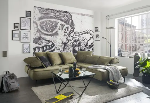 Ecksofa - 2-Sitzer, Ecke rechts inkl. Schlaffunktion, Relaxfunktion, Stoff, Olive