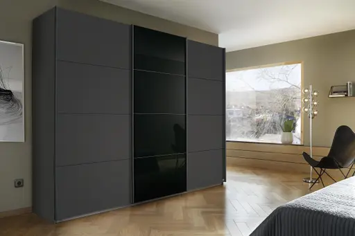 Schwebetürenschrank- B ca. 271 cm, Graumetallic, Glas, Schwarz