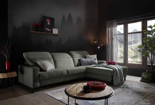 Ecksofa - CALM FLEX 2.0, 3-Sitzer mit Longchari rechts, Kopfteil verstellbar, Stoff, Olive