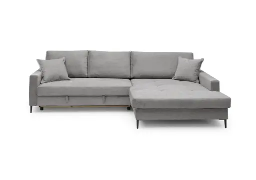 Ecksofa - 3-Sitzer mit Longchair rechts, Schlaffunktion mit Bettkasten, Stoff, Eisengrau