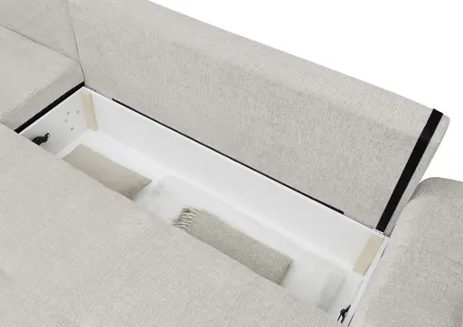 Ecksofa - Longchair links mit 2-Sitzer, Schlaffunktion mit Bettkasten, Stoff, Creme