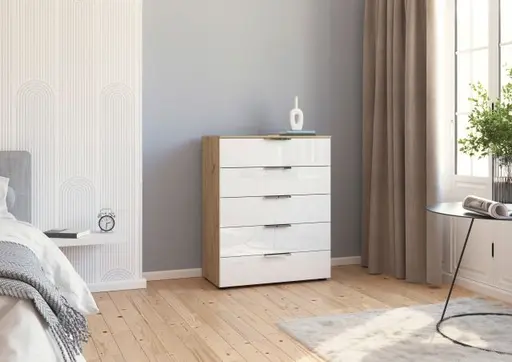 Kommode RIPP- Eiche Dekor, Glas, Weiß