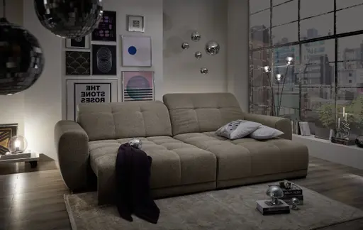 Ecksofa -2-Sitzer mit Longchair rechts, Kopfteil verstellbar, Sitztiefe verstellbar motorisch, Stoff, Steingrau