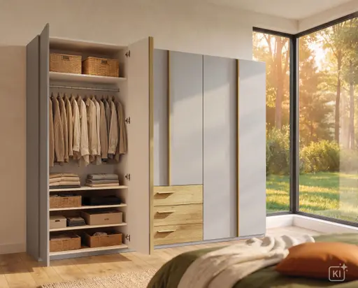 Drehtürenschrank Caluma - B. ca. 300cm, Furnier, Balkeneiche, Taupe