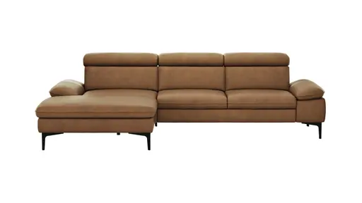 Ecksofa Felipa - Longchair links mit 2,5-Sitzer inkl. Kopfteil verstellbar, Leder, Cognac