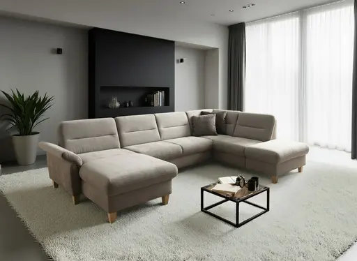 Wohnlandschaft - Longchair links mit 2,5-Sitzer und Ecke rechts, Stoff, Taupe