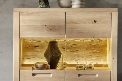 Wohnwand - mit Beleuchtung und Fernbedienung, Eiche Nachbildung, Eiche massiv geölt