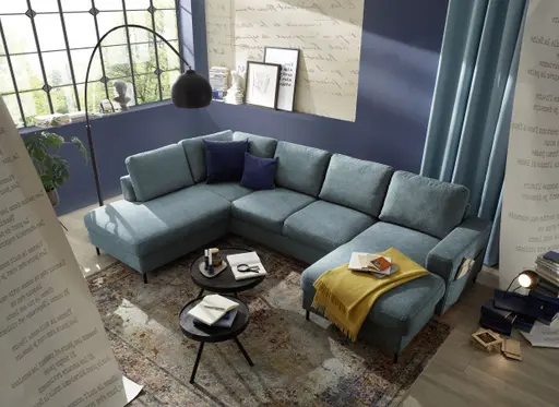 Wohnlandschaft - Ecke links mit 2-Sitzer und Longchair rechts, Stoff, Azur