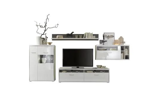 Wohnwand - mit Beleuchtung, Hochglanz, Weiß