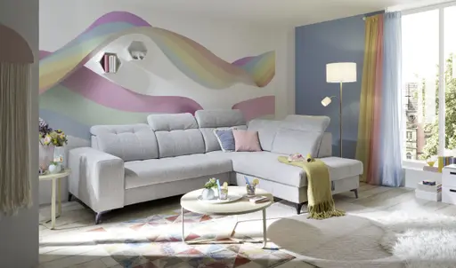 Ecksofa -2-Sitzer mit Ecke rechts, Kopfteil verstellbar, Sitztiefe verstellbar motorisch, Stoff, Hellgrau