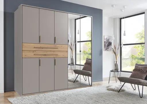 Drehtürenschrank- B ca. 225 cm, Saharagrau, Eiche Dekor