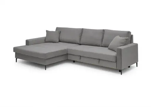 Ecksofa - Longchair links mit 3-Sitzer, Schlaffunktion mit Bettkasten, Stoff, Grau