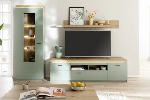 TV-Lowboard - mit Beleuchtung, B ca. 195 cm, Salbeigrün, Eiche Evoke Nachbildung