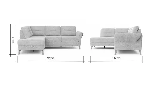 Ecksofa Almyra - Ottomane links mit 2,5-Sitzer, inkl. Schlaffunktion und Bettkasten, Stoff, Silbergrau