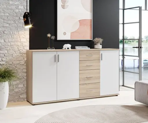 Kommode - B ca. 160 cm, Sonoma Eiche Nachbildung, Weiß