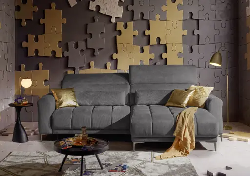 Ecksofa MINAO - 1,5-Sitzer mit Longchair rechts, Sitztiefe verstellbar motorisch, Kopfteil verstellbar, Stoff, Graphite