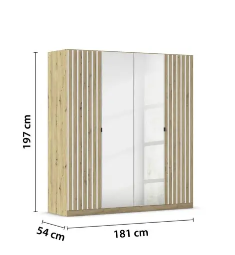 Drehtürenschrank RUERTO- B ca. 181 cm, Eiche Dekor, Weiß, Paneel, Eiche Dekor, Spiegel