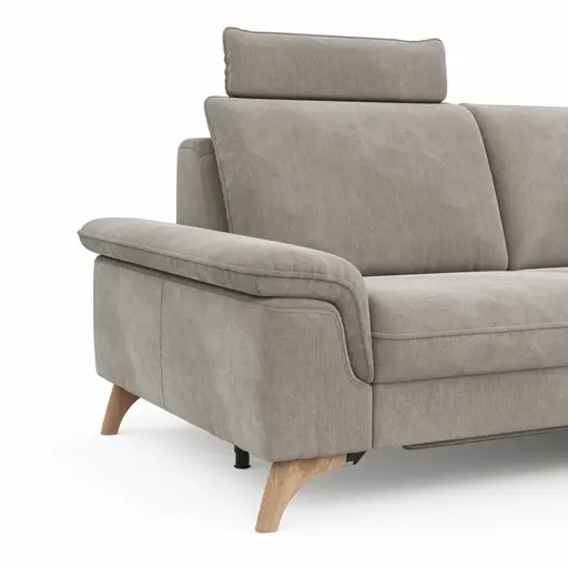 Ecksofa Tulsa KS - 2,5-Sitzer, Spitzecke und 1,5-Sitzer mit Anstellhocker aufklappbar rechts, inkl. Kopfstütze, AL verstellbar und Schlaffunktion, Stoff, Graubeige