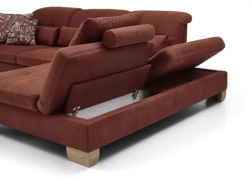 Ecksofa - 3-Sitzer mit Longchair rechts, inkl. Kopfteil/Armlehne verstellbar, Stoff, Rubin