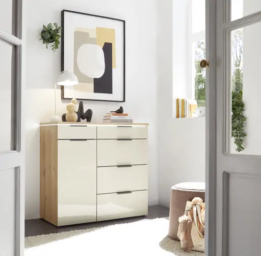 Kombikommode - Bianco-Eiche-Nachbildung, Glas Champagner