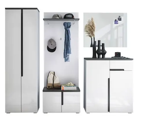 Garderobenschrank - B ca. 60 cm, Weiß, Weiß Hochglanz, Anthrazit