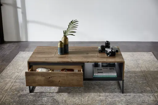 Couchtisch - mit Schubkasten, LBH ca. 115x65x42 cm, Eiche, Metallgestell