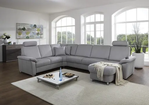 Wohnlandschaft - Ecke links, 2,5-Sitzer, Longchair rechts in Stoff Hellgrau