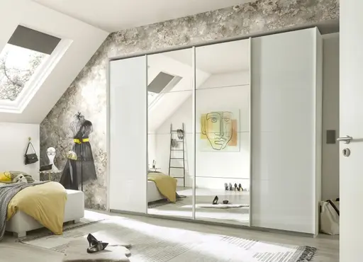 Schwebetürenschrank RIKK- B ca. 271 cm, Weiß, Weiß Hochglanz, Spiegel