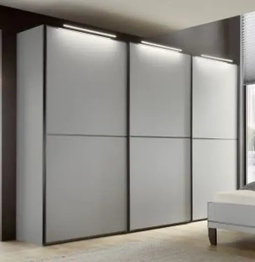 Schwebetürenschrank 3-türig EM Armadio - mit Beleuchtung, B. ca. 280 cm, Dekor, hellgrau