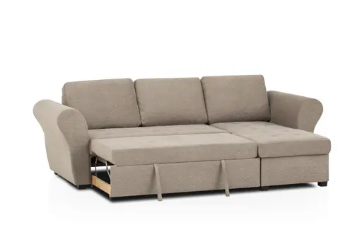Ecksofa - 2-Sitzer mit Longchair rechts inkl. Schlaffunktion mit Bettkasten, Stoff, Trüffel