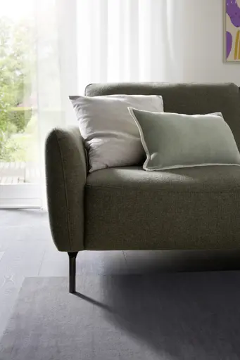 Ecksofa Leona - 3-Sitzer mit Longchair rechts inkl. Sitzvorzug motorisch, Stoff, Braungrün