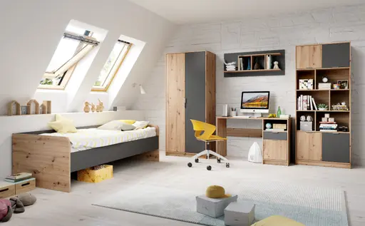 Bettgestell- Liegefläche ca. 90x200 cm, Eiche Dekor, Dunkelgrau