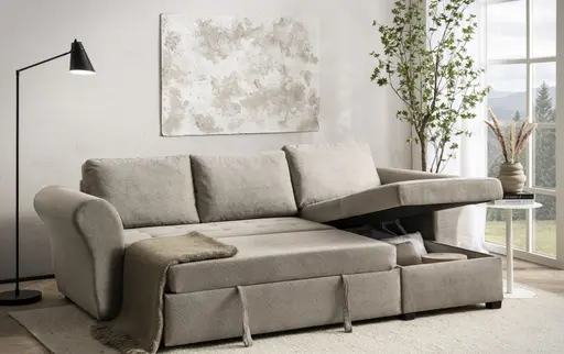 Ecksofa - 2-Sitzer mit Longchair rechts inkl. Schlaffunktion mit Bettkasten, Stoff, Trüffel