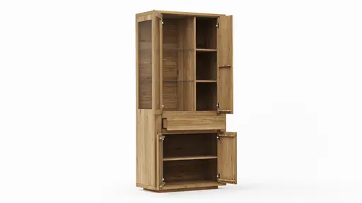 Vitrine Bakersfield - sichtbare Rückwand und Schublade geschroppt, Asteiche massiv, geölt